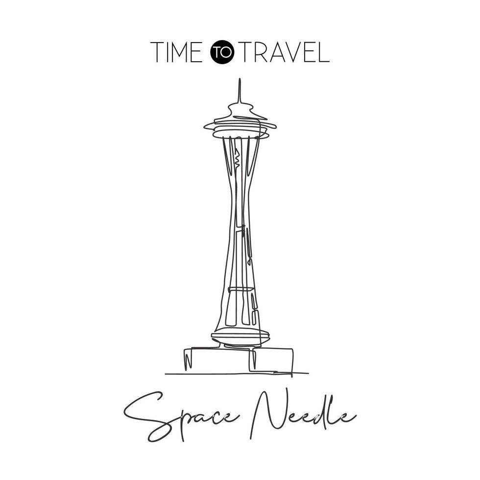 One continuous line drawing Space Needle landmark. World iconic place in Seattle, Washington DC, USA. Holiday vacation wall decor poster print. Vector illustration