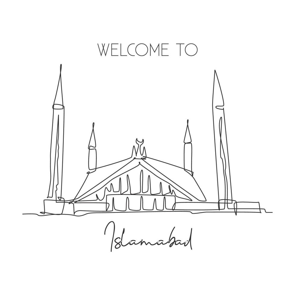 Single continuous line drawing Shah Faisal Mosque landmark. Beautiful famous place in Islambad, Pakistan. World travel home wall decor poster concept. Dynamic one line draw design vector illustration