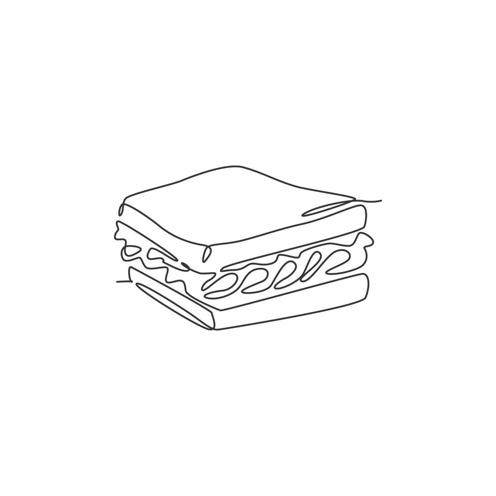 un dibujo de línea continua de la insignia del logotipo del restaurante sándwich americano fresco y delicioso. concepto de plantilla de logotipo de tienda de cafetería de comida rápida. ilustración gráfica de vector de diseño de dibujo de una sola línea moderna