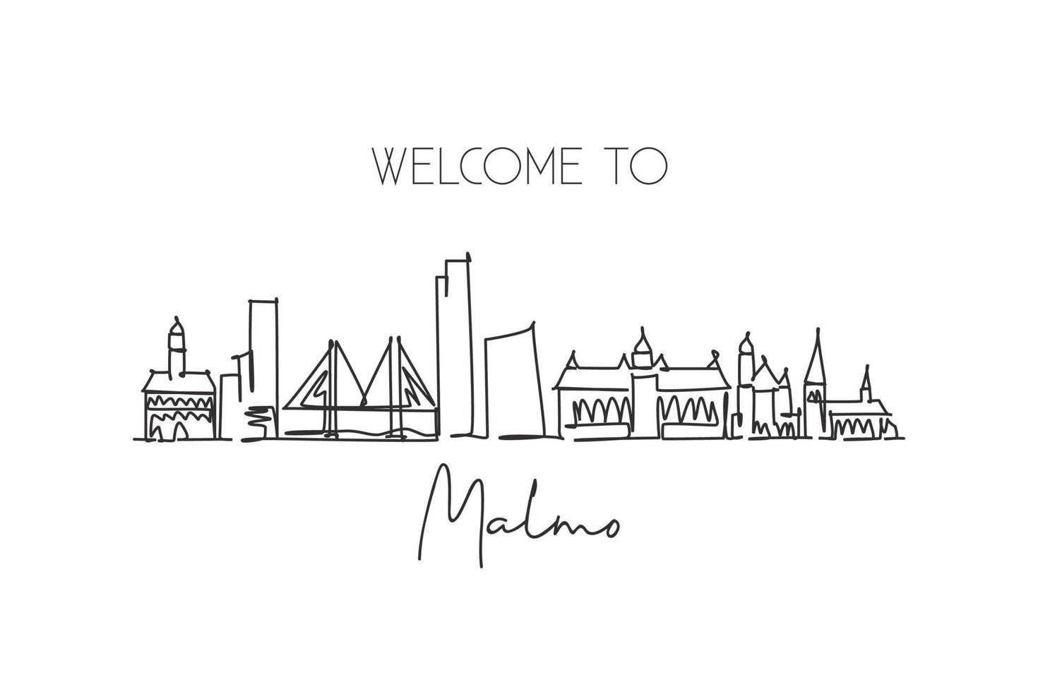 One continuous line drawing of Malmo city skyline, Sweden. Beautiful landmark postcard. World landscape tourism and travel vacation. Editable stylish stroke single line draw design vector illustration