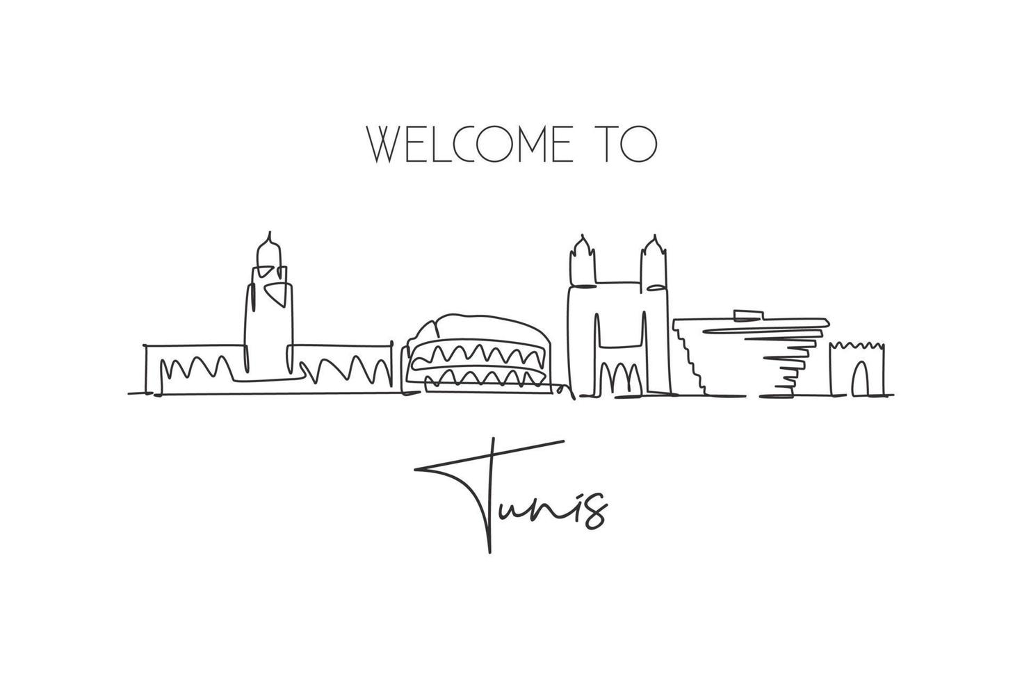 Single continuous line drawing of Tunis city skyline, Tunisia. Famous city scraper and landscape home wall decor print poster art. World travel concept. Modern one line draw design vector illustration