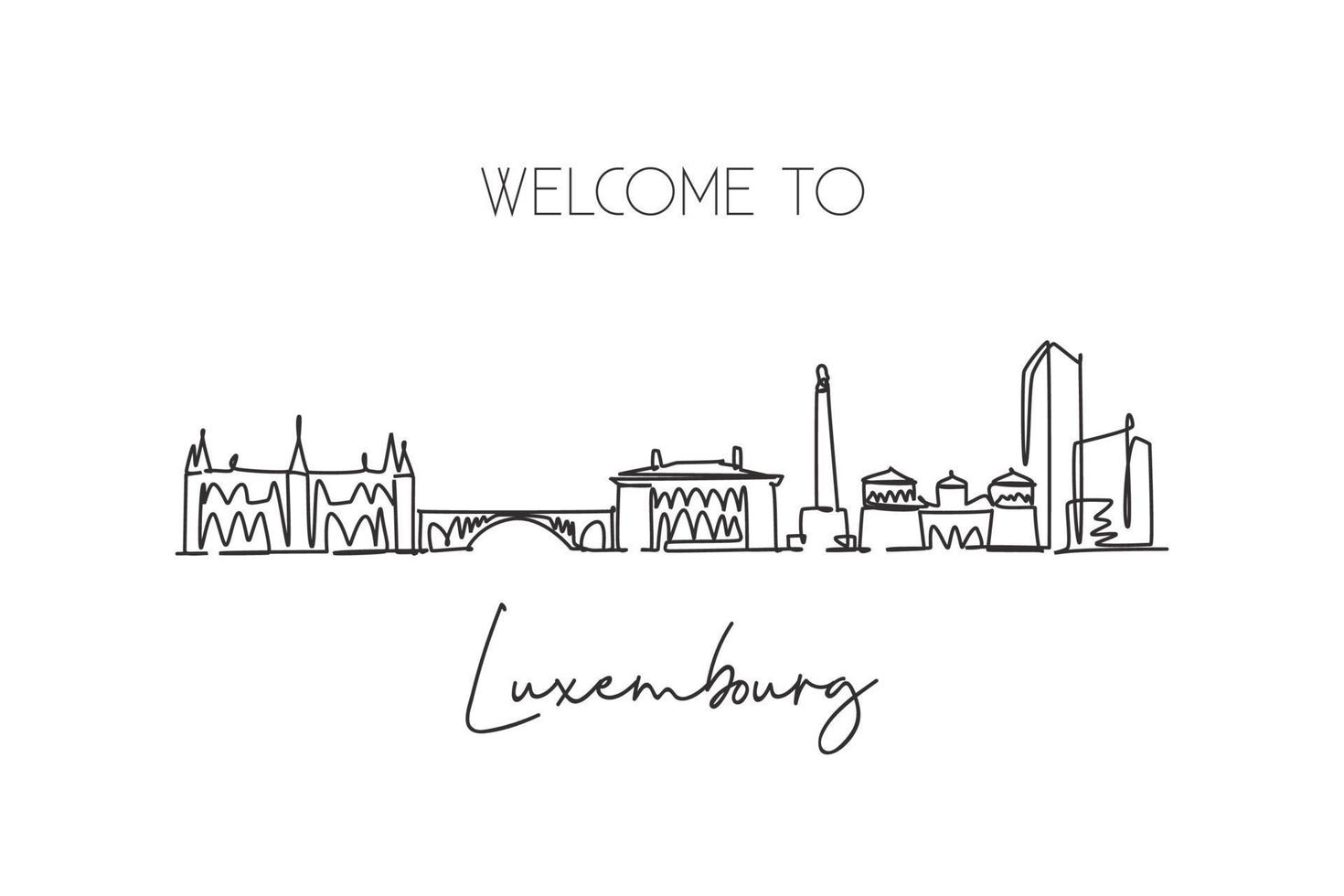 One continuous line drawing of Luxembourg city skyline. Beautiful landmark. World landscape tourism and travel vacation postcard. Editable stylish stroke single line draw design vector illustration