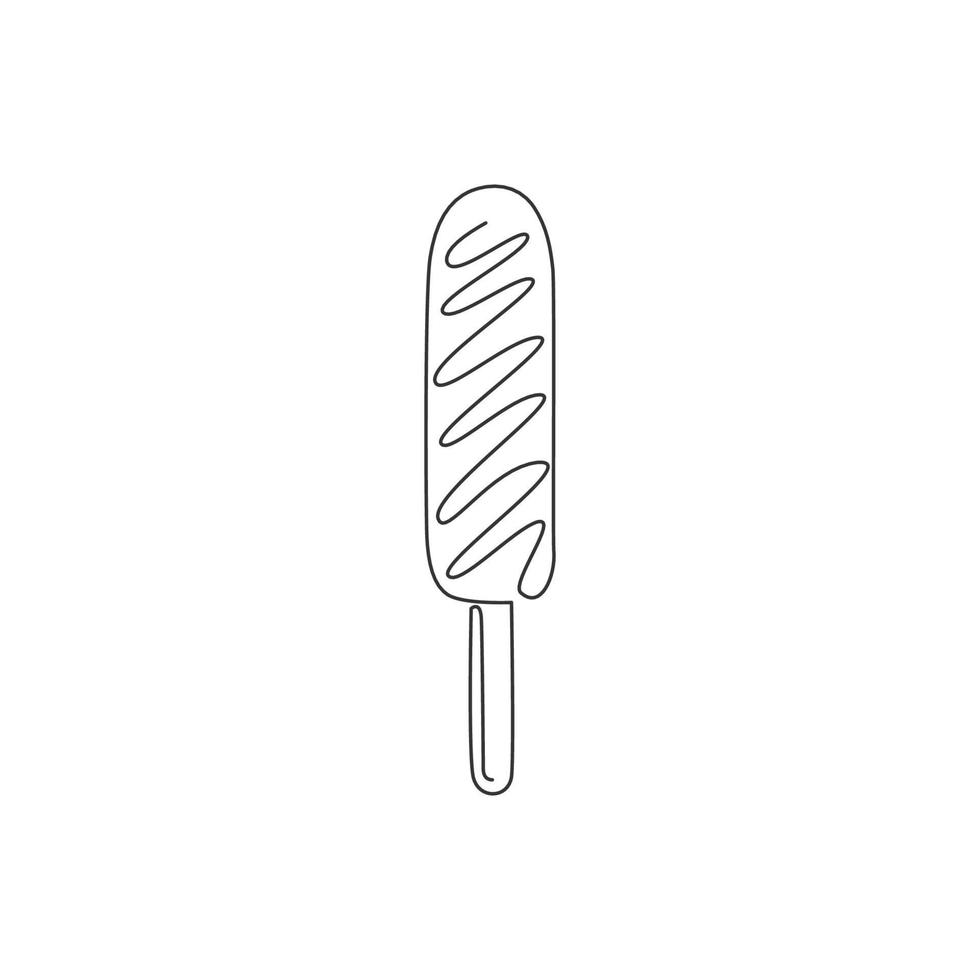 Single continuous line drawing of stylized popsicles store logo label. Emblem sweet ice stick dessert concept. Modern one line draw design vector illustration for cafe, shop or food delivery service