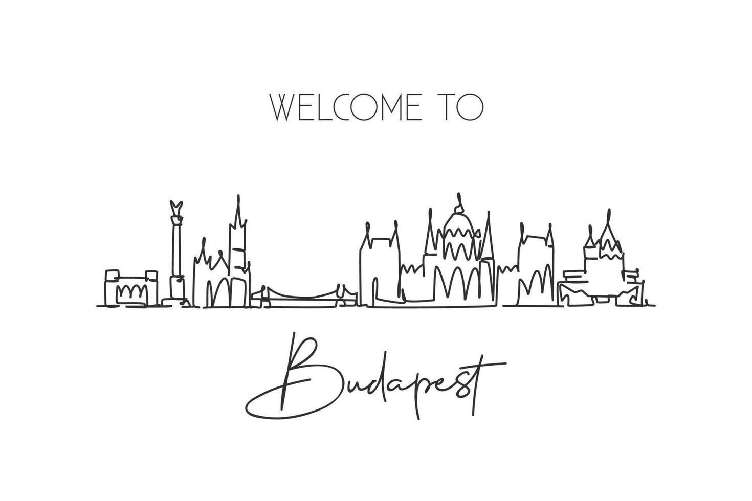 One continuous line drawing of Budapest city skyline, Hungary. Beautiful landmark postcard. World landscape tourism travel vacation. Editable stylish stroke single line draw design vector illustration