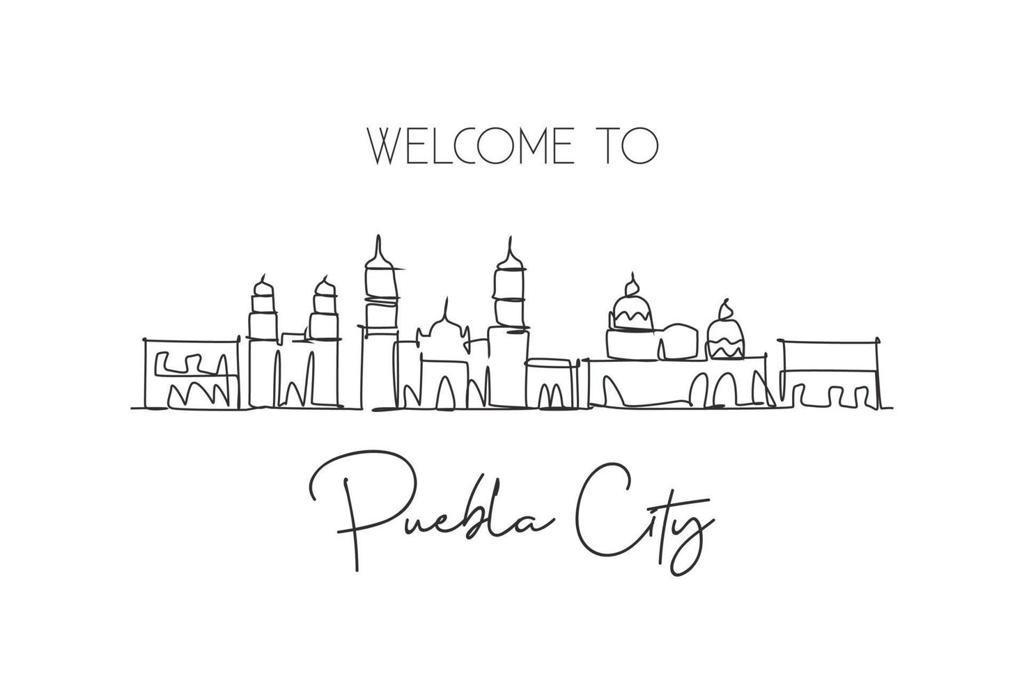 One single line drawing of Puebla city skyline, Mexico. World historical town landscape. Best place holiday destination postcard. Editable stroke trendy continuous line draw design vector illustration