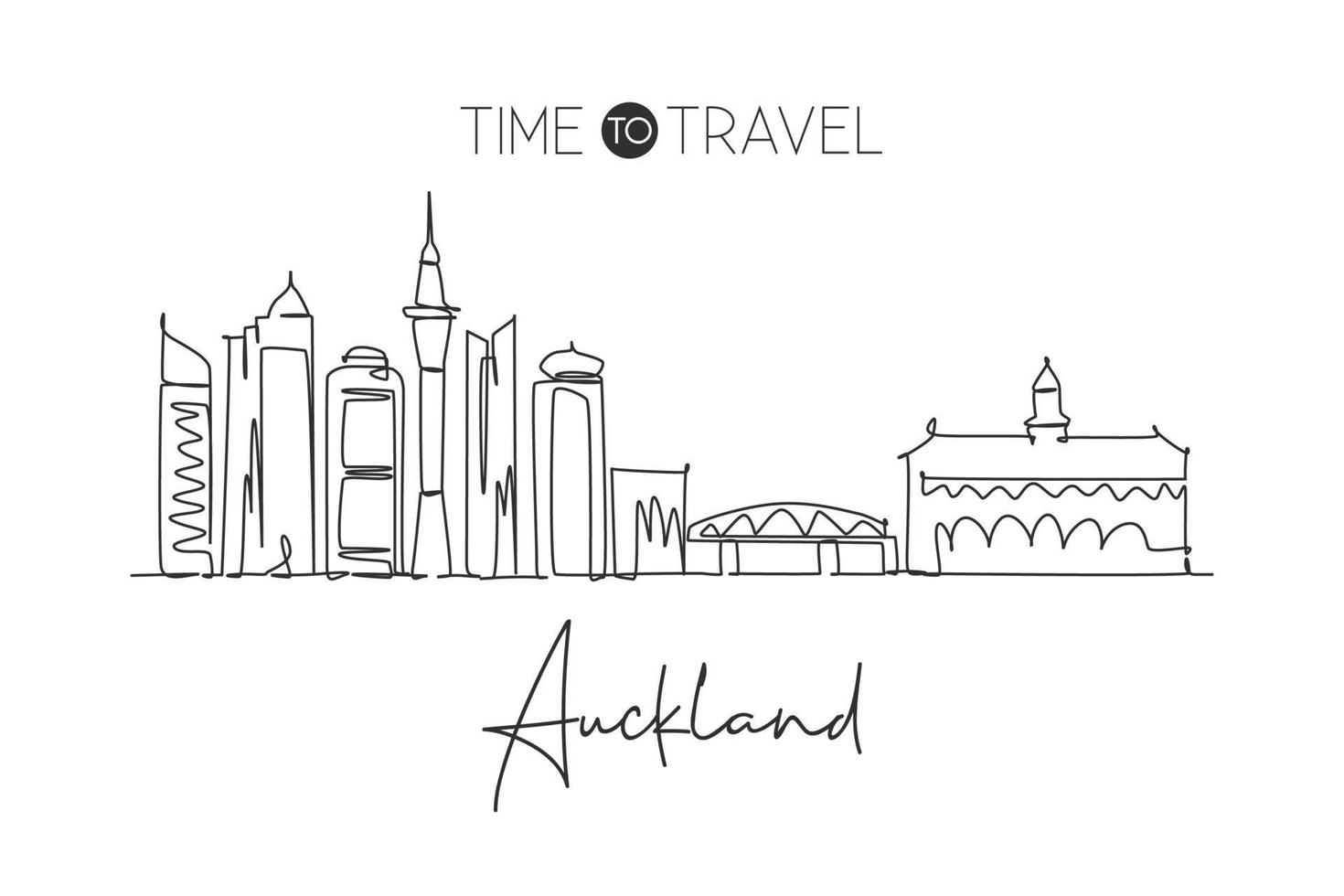 One single line drawing of Auckland city skyline, New Zealand. World historical town landscape. Best place holiday destination home decor poster. Trendy continuous line draw design vector illustration