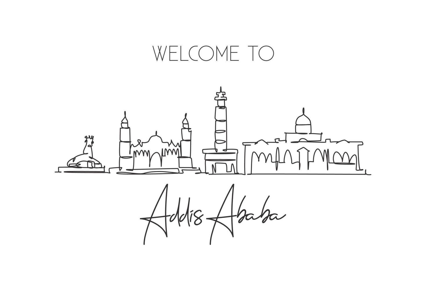 One single line drawing of Addis Ababa city skyline, Ethiopia. Historical town landscape home wall decor poster print. Best holiday destination. Trendy continuous line draw design vector illustration