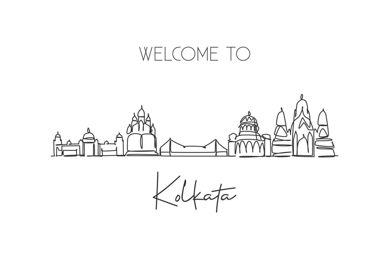 One single line drawing of Kolkata city skyline, India. Historical town landscape in the world. Best holiday destination. Editable stroke trendy continuous line draw design vector graphic illustration
