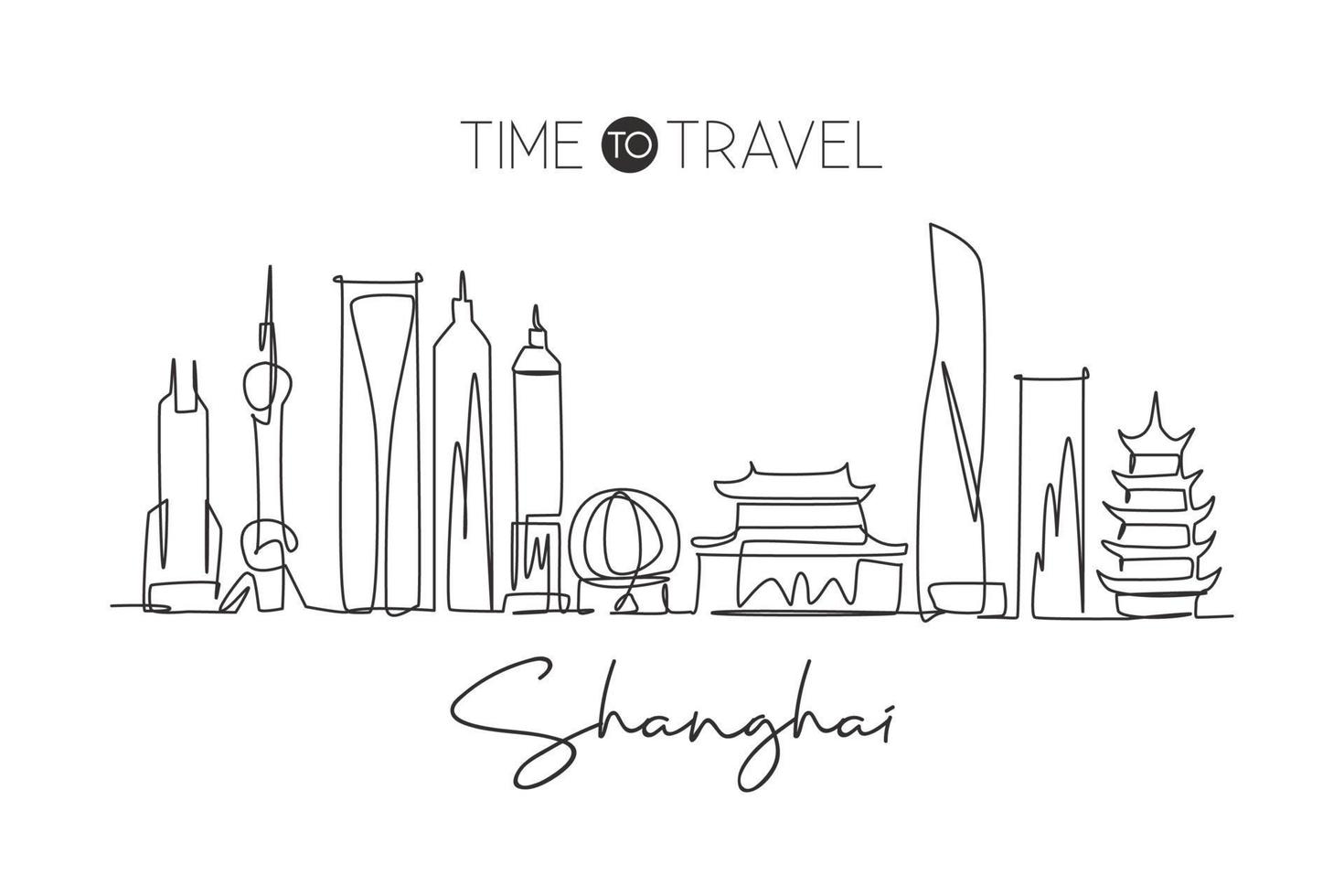 One continuous line drawing of Shanghai city skyline China. Beautiful landmark. World landscape tourism and travel vacation. Editable stylish stroke single line draw graphic design vector illustration