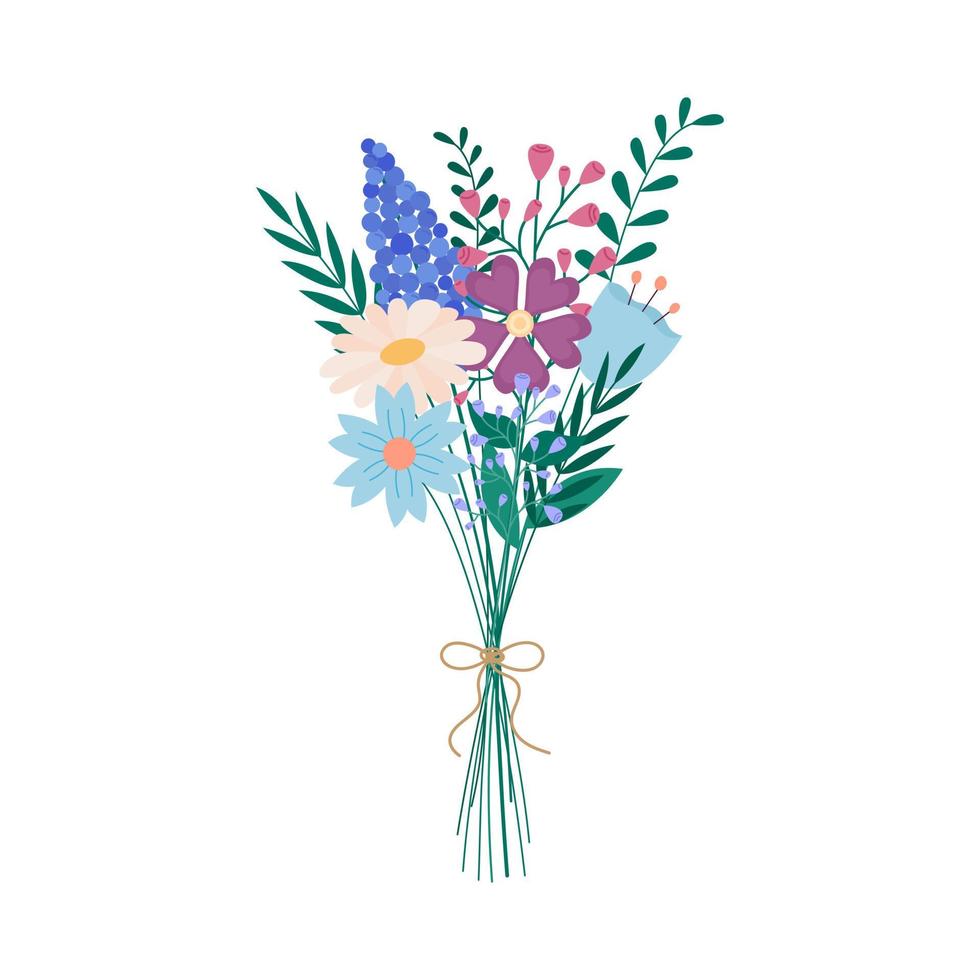 Flowers bouquet isolated. Bunch of different fresh meadow flowers and leaves plants. Vector flat illustration