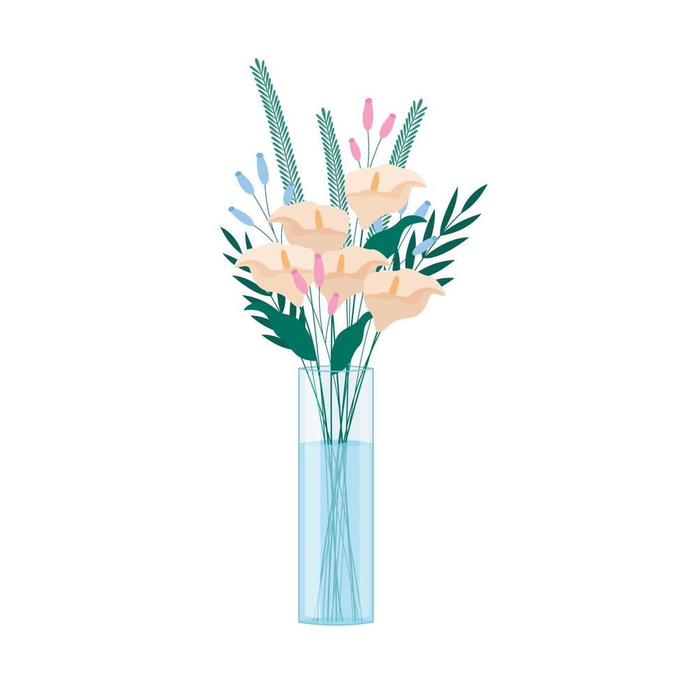 Calla Lilies flowers bouquet in glass vase isolated. Bunch of different fresh flowers and leaves plants. Vector flat illustration