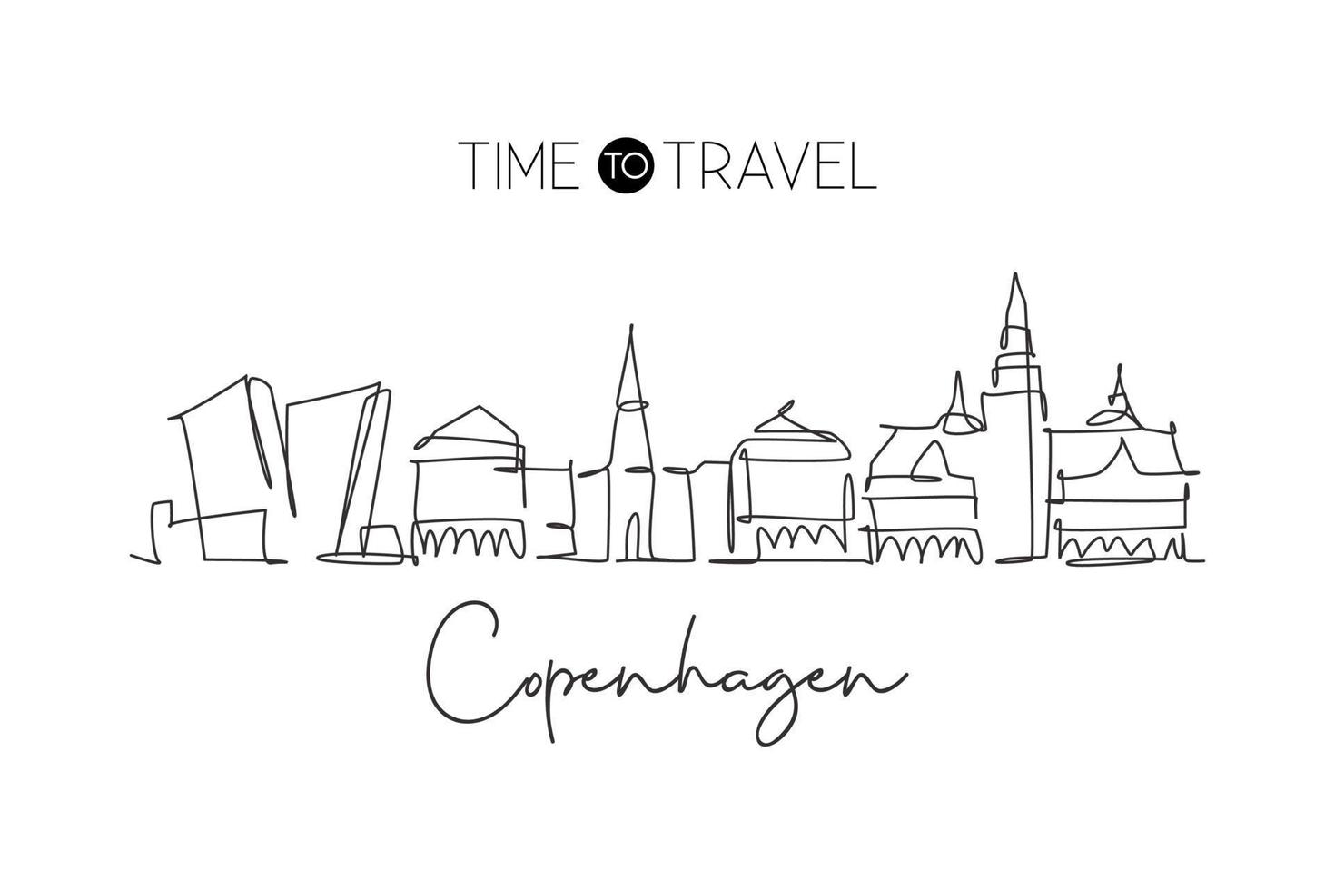 One continuous line drawing of Copenhagen city skyline, Denmark. Beautiful landmark. World landscape tourism travel vacation poster. Editable stylish stroke single line draw design vector illustration