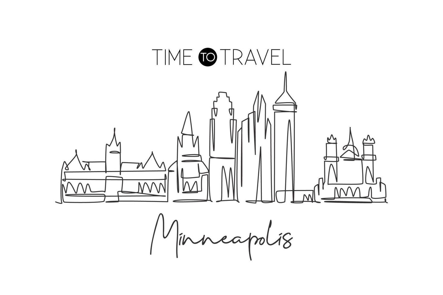 One continuous line drawing Minneapolis city skyline, United States of America. Beautiful landmark. World landscape vacation poster. Editable stylish stroke single line draw design vector illustration
