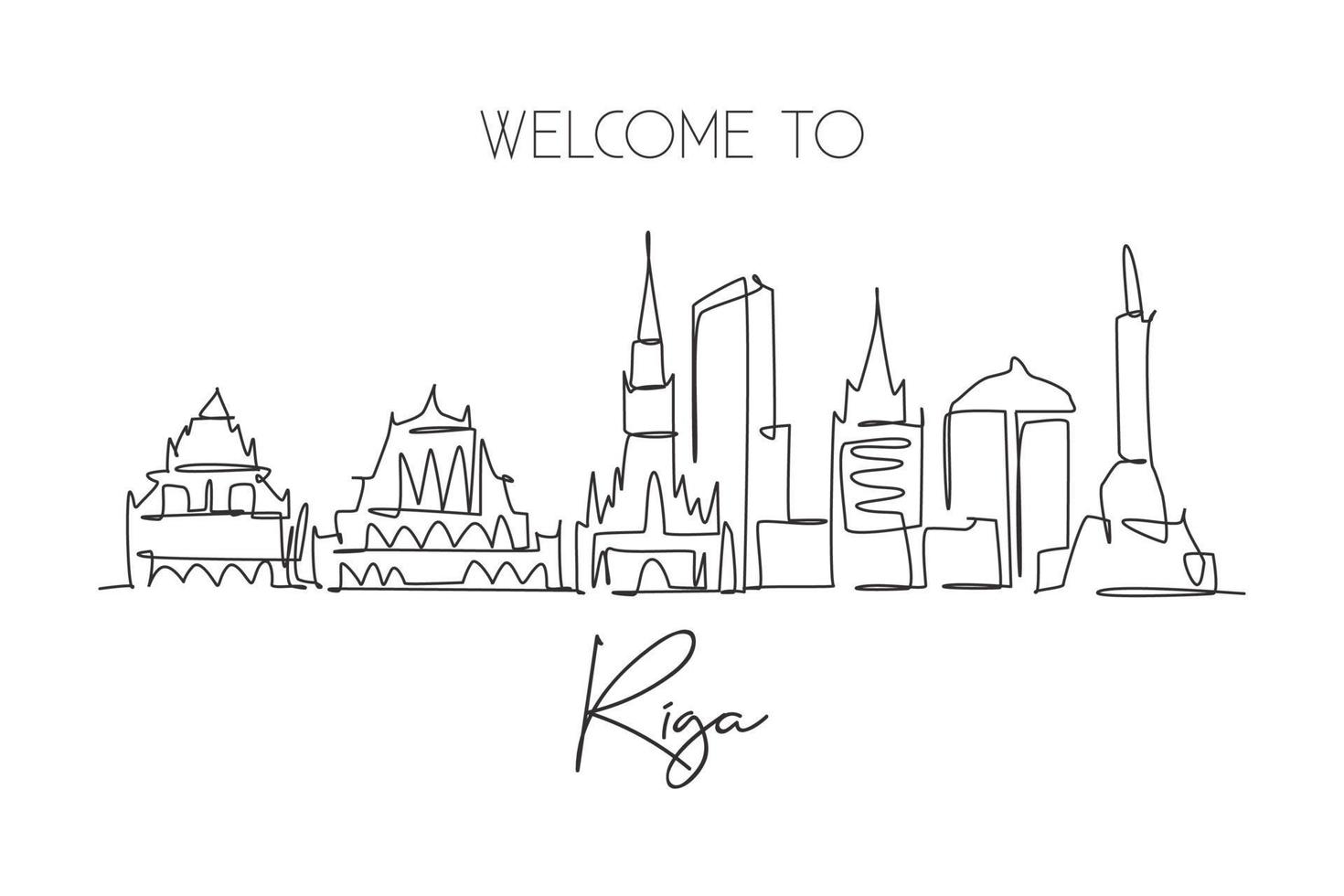 One single line drawing of Riga city skyline, Latvia. Historical town landscape in world. Best holiday destination poster print. Editable stroke trendy continuous line draw design vector illustration