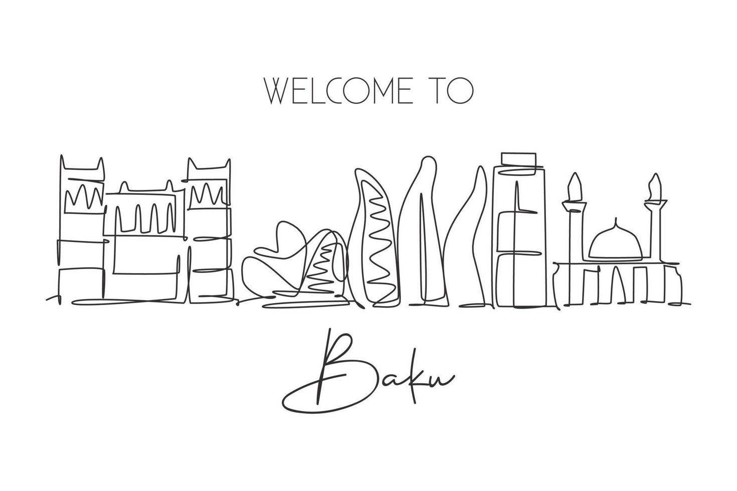 One single line drawing of Baku city skyline, Azerbaijan. Historical town landscape in world. Best holiday destination wall decor poster print. Trendy continuous line draw design vector illustration