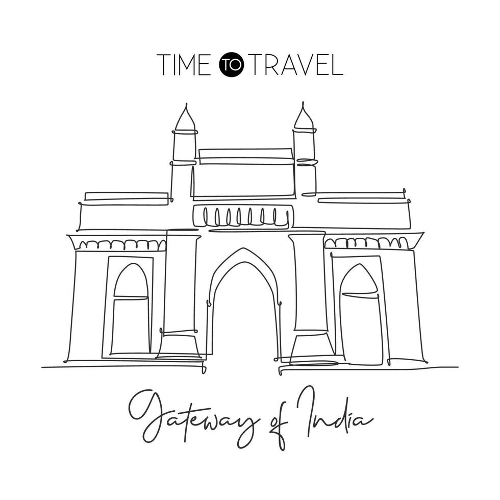 One continuous line drawing Gateway of India landmark. Monument in Mumbai India. Holiday tour and travel home wall decor art poster print concept. Modern single line draw design vector illustration