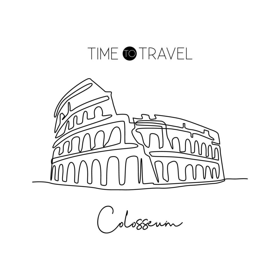 One continuous line drawing Colosseum amphitheater landmark. Historical iconic place in Rome. Holiday vacation home wall decor poster print concept. Modern single line draw design vector illustration