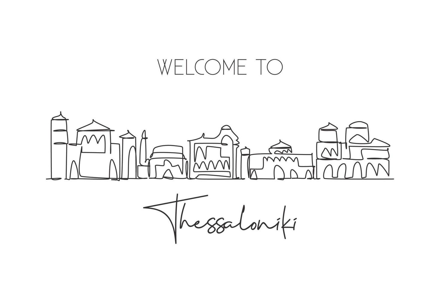 Single continuous line drawing Thessaloniki skyline, Greece. Famous city scraper landscape. World travel destination postcard concept. Editable stroke modern one line draw design vector illustration