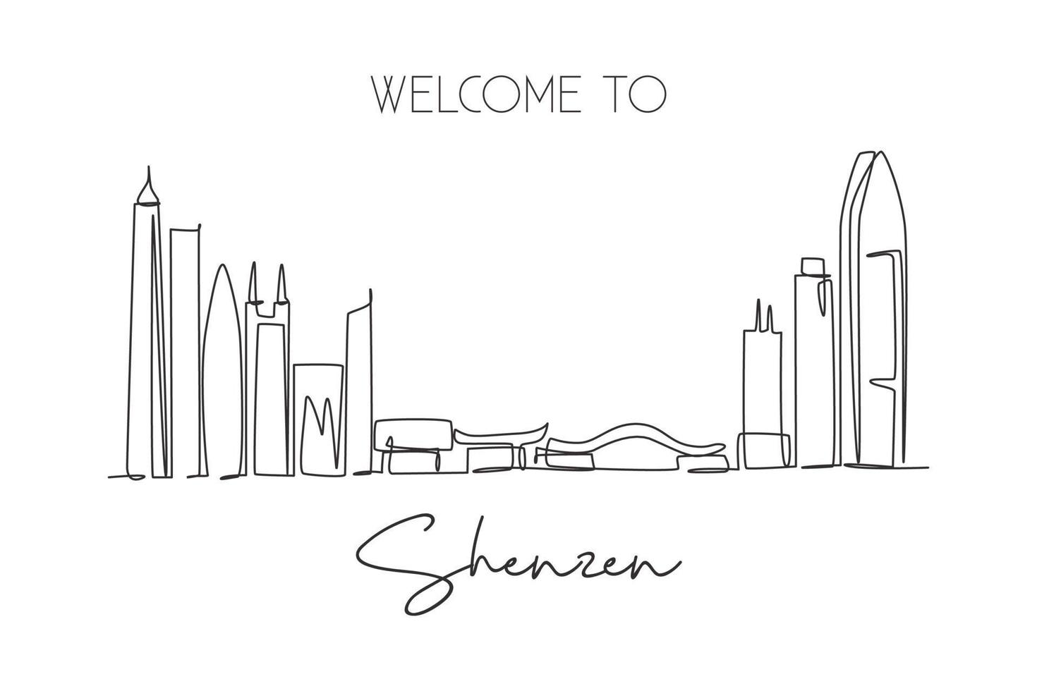 One continuous line drawing Shenzhen city skyline, China. Beautiful landmark. World landscape tourism and travel vacation. Editable stylish stroke single line draw design graphic vector illustration