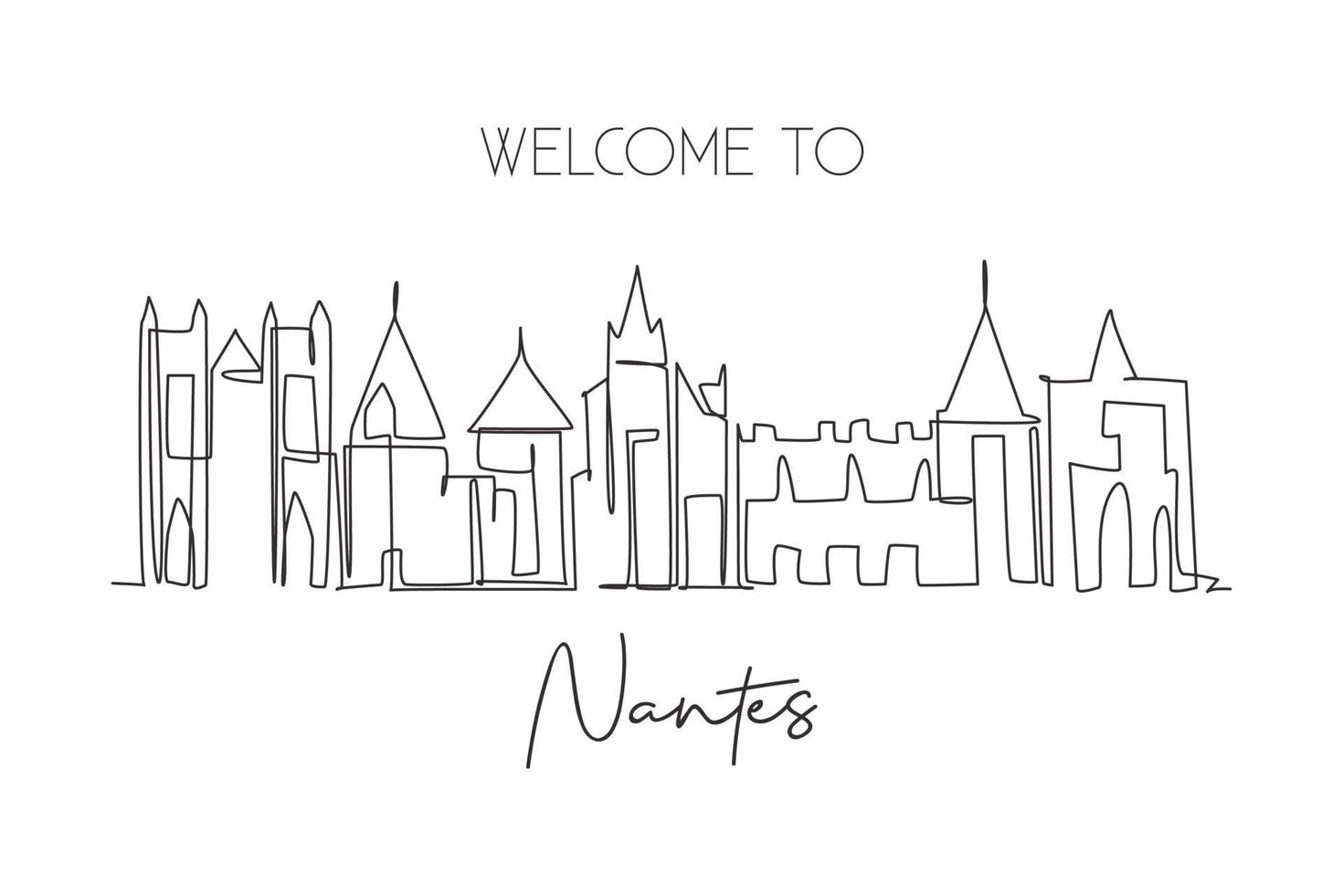 un dibujo de línea continua del horizonte de la ciudad de nantes, francia. hermoso rascacielos de la ciudad. concepto de arte del cartel de la decoración de la pared del viaje del turismo del paisaje mundial. elegante ilustración de vector de diseño de dibujo de una sola línea