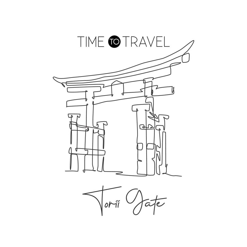 One single line drawing Torii Gate landmark. World famous iconic marks in Japan culture. Tourism travel postcard wall decor poster print concept. Modern continuous line draw design vector illustration