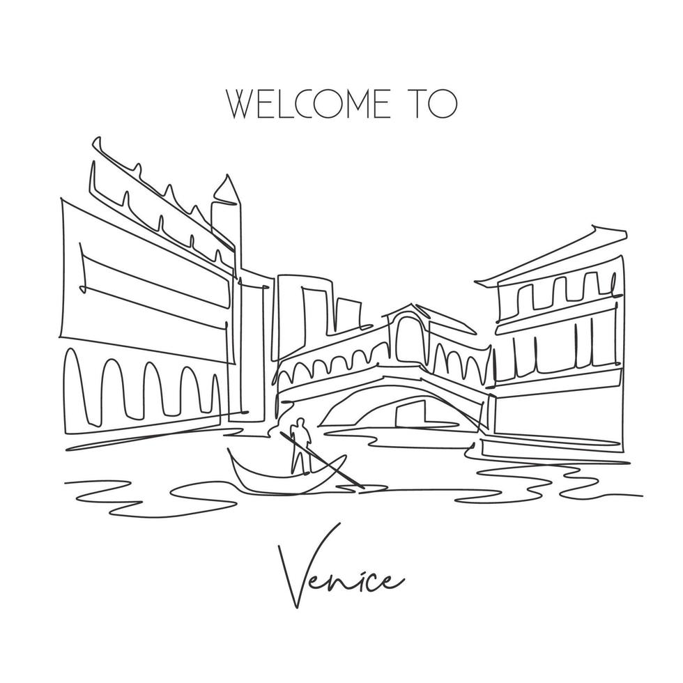 One single line drawing Rialto Bridge landmark. World famous iconic canal in Venice Italy. Tourism travel postcard home wall decor poster print concept. Continuous line draw design vector illustration