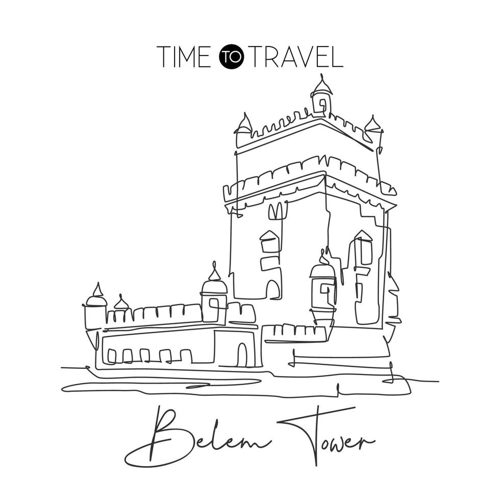 One single line drawing Belem Tower landmark. World famous iconic place in Lisbon, Portugal. Tourism travel postcard home wall decor art concept. Modern continuous line draw design vector illustration