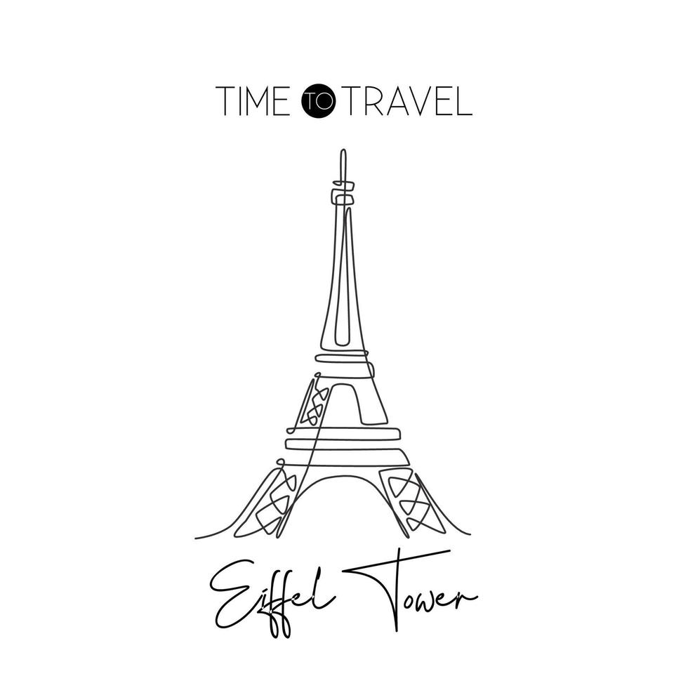 One continuous line drawing Eiffel Tower. Romantic iconic place in Paris, France. Holiday vacation home decor wall art poster print concept. Modern single line draw design graphic vector illustration