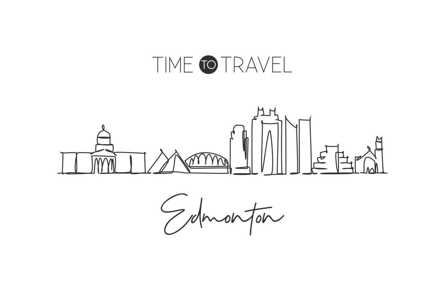 One continuous line drawing of Edmonton city skyline, Canada. Beautiful landmark wall decor poster print. World landscape tourism travel vacation. Stylish single line draw design vector illustration