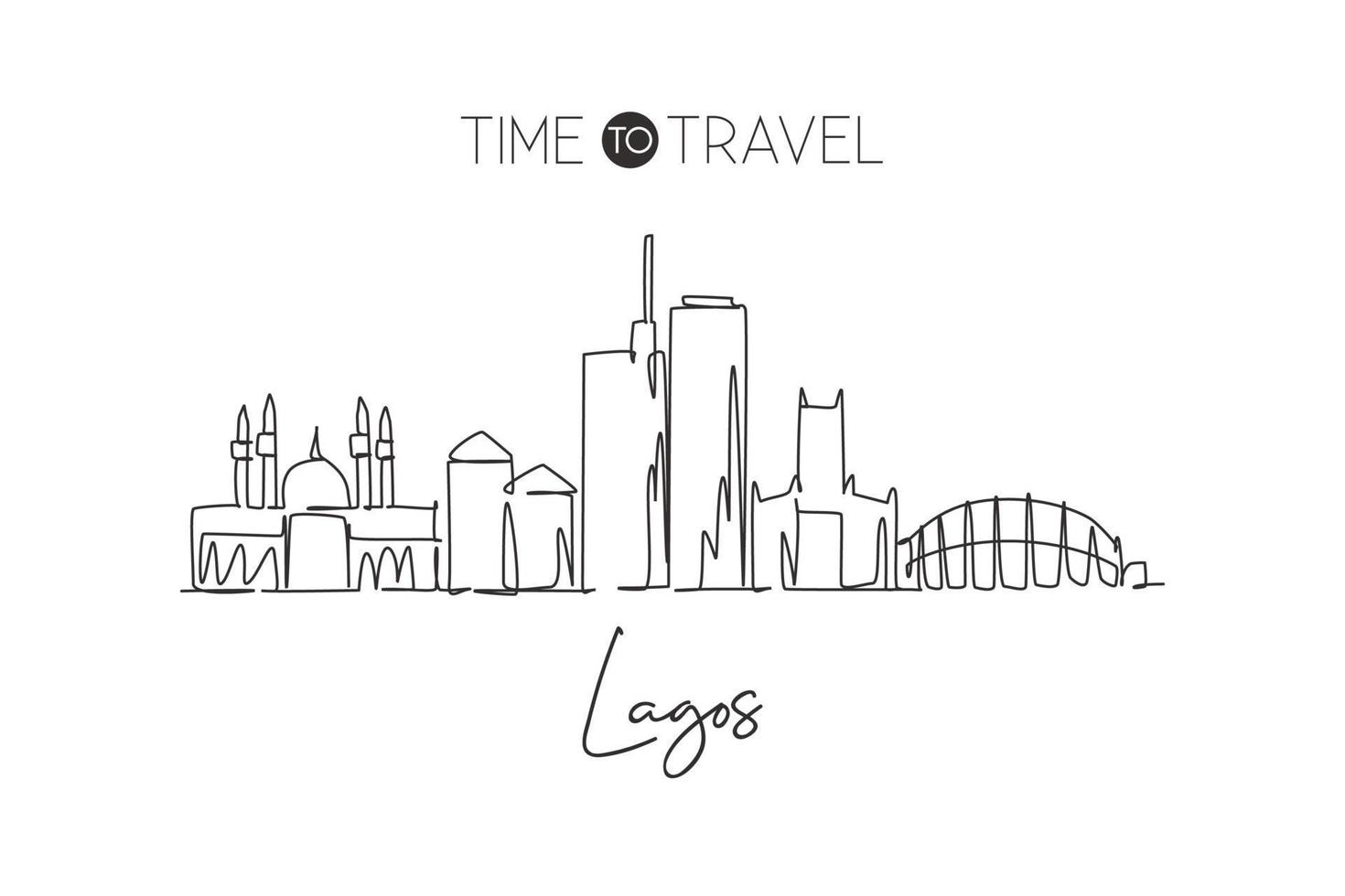 One continuous line drawing of Lagos city skyline, Nigeria. Beautiful