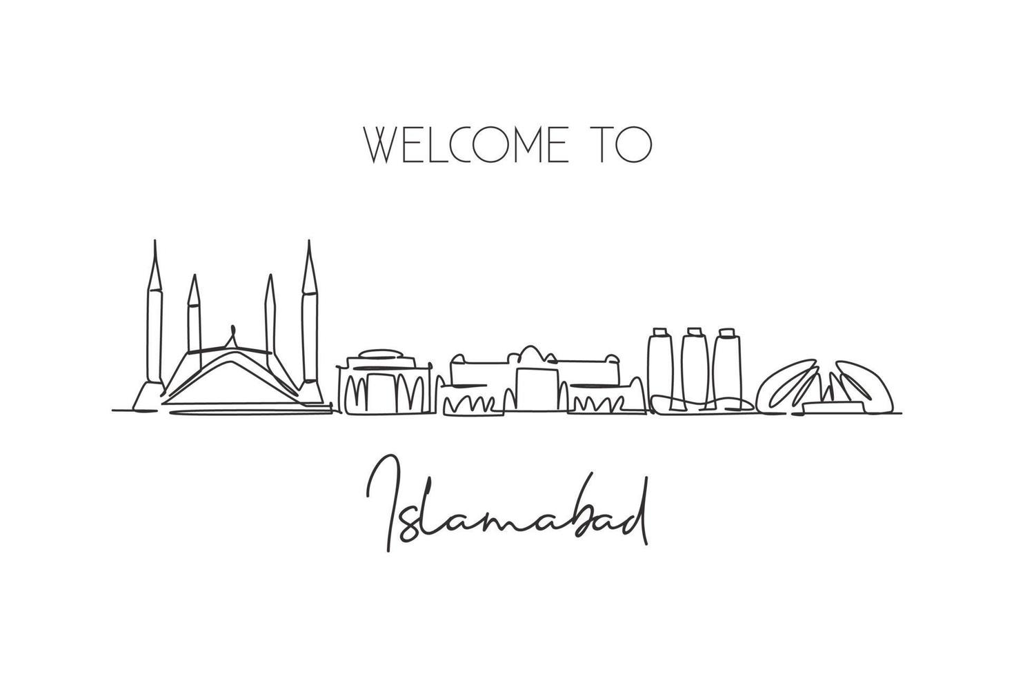 One continuous line drawing of Islamabad city skyline, Pakistan. Beautiful city landmark. World landscape tourism and travel vacation. Editable stylish single line draw design vector art illustration