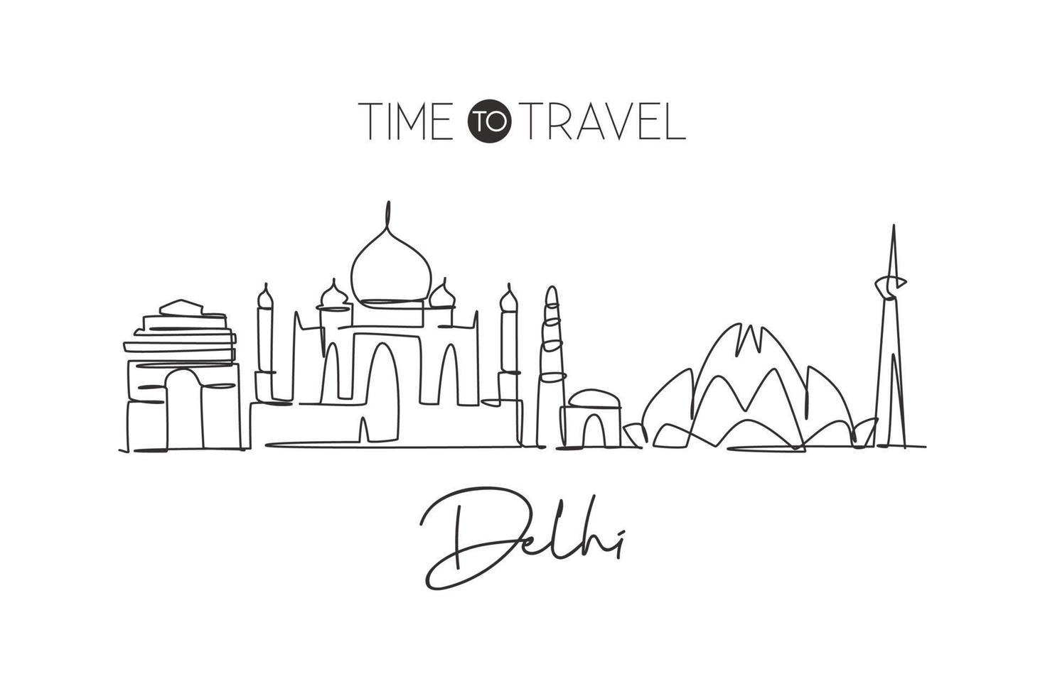 Single continuous line drawing of Delhi skyline, India. Famous city scraper landscape home wall decor art poster print. World travel concept. Modern one line draw graphic design vector illustration