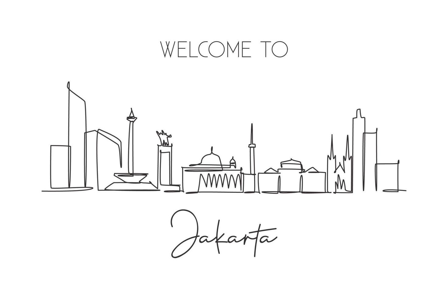 dibujo de una sola línea continua del horizonte de la ciudad de Yakarta, Indonesia. famoso paisaje rascador de la ciudad. concepto de viaje mundial hogar pared decoración cartel impresión arte. Ilustración de vector de diseño de dibujo de una línea moderna