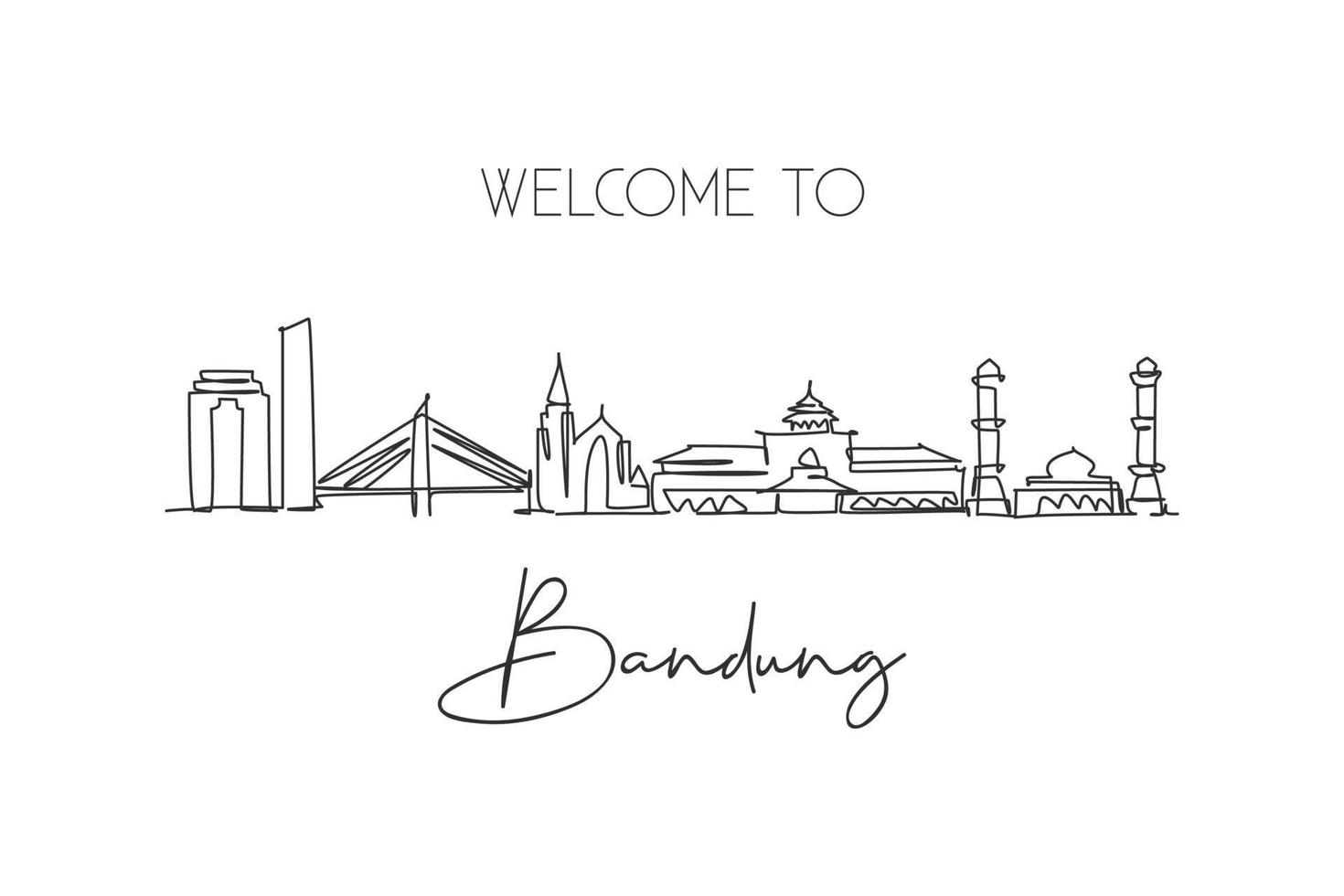 One continuous line drawing of Bandung city skyline, India. Beautiful city landmark. World landscape tourism and travel vacation. Editable stylish single line draw design graphic vector illustration