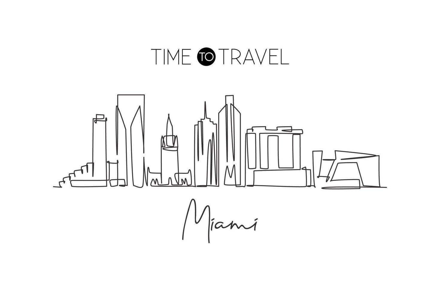 One continuous line drawing Miami city skyline, United States. Beautiful landmark. World landscape tourism travel vacation poster. Editable stylish stroke single line draw design vector illustration