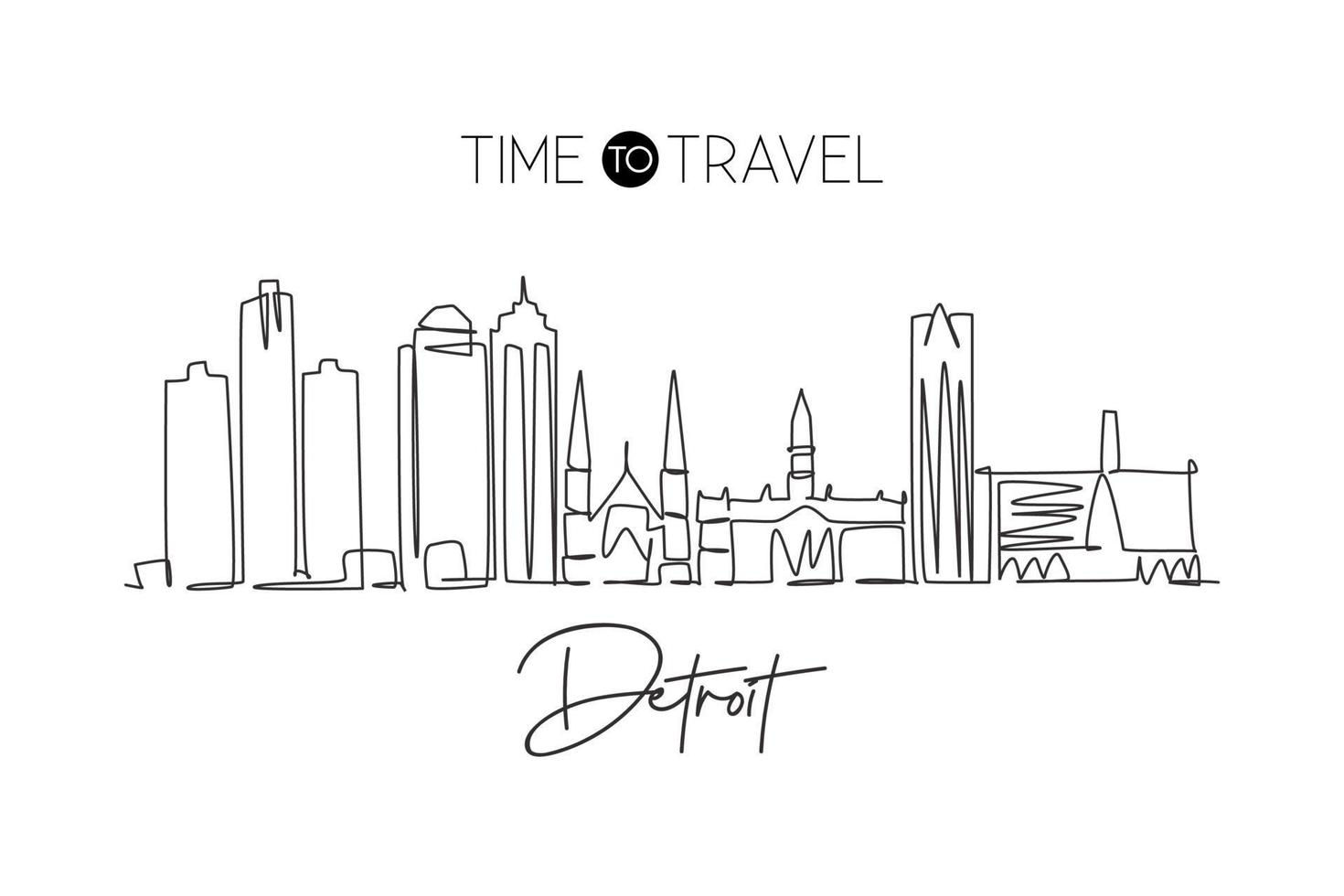 One continuous line drawing of Detroit city skyline, USA. Beautiful landmark. World landscape tourism travel vacation poster print. Editable stylish stroke single line draw design vector illustration