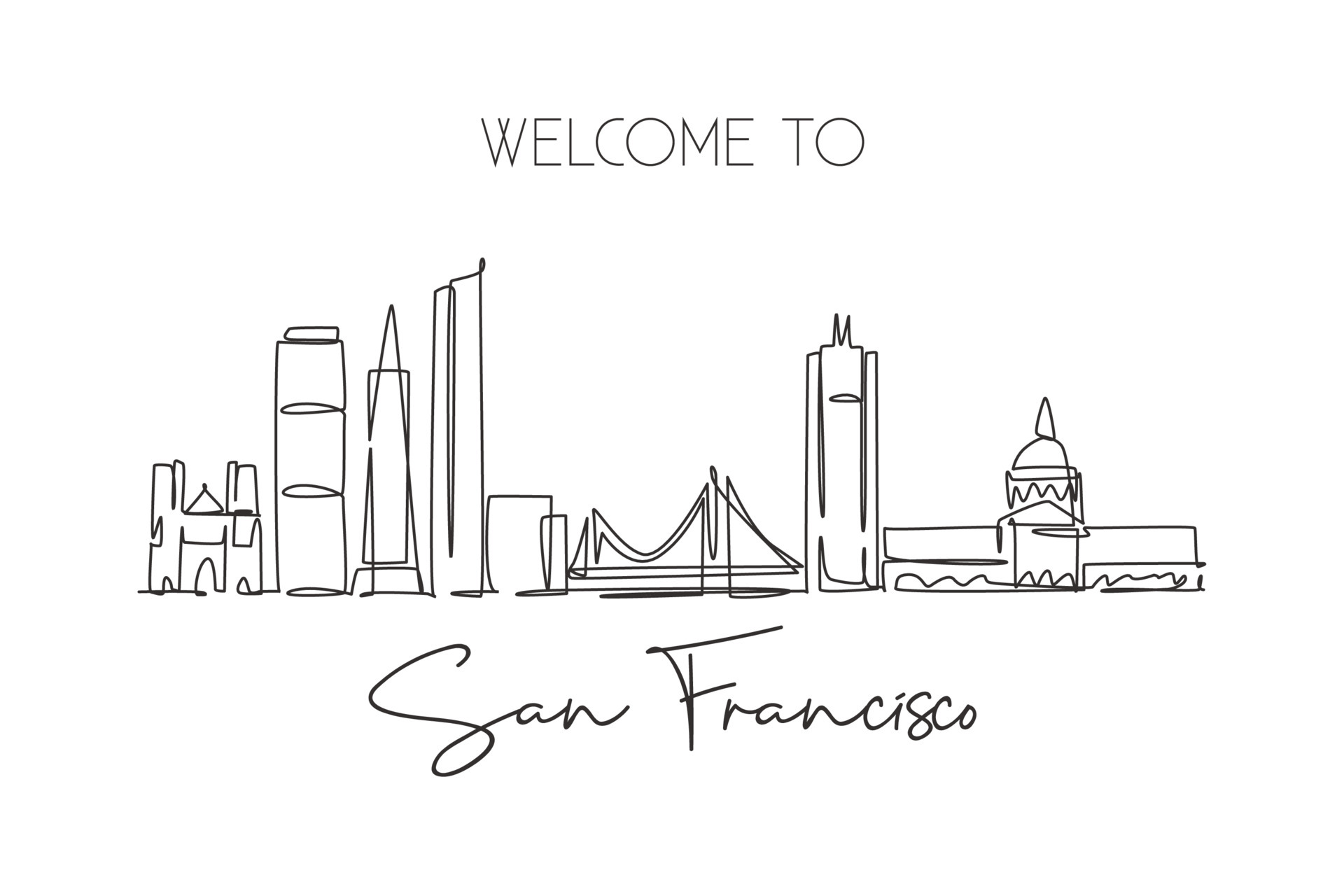 One continuous line drawing San Francisco city skyline, United States