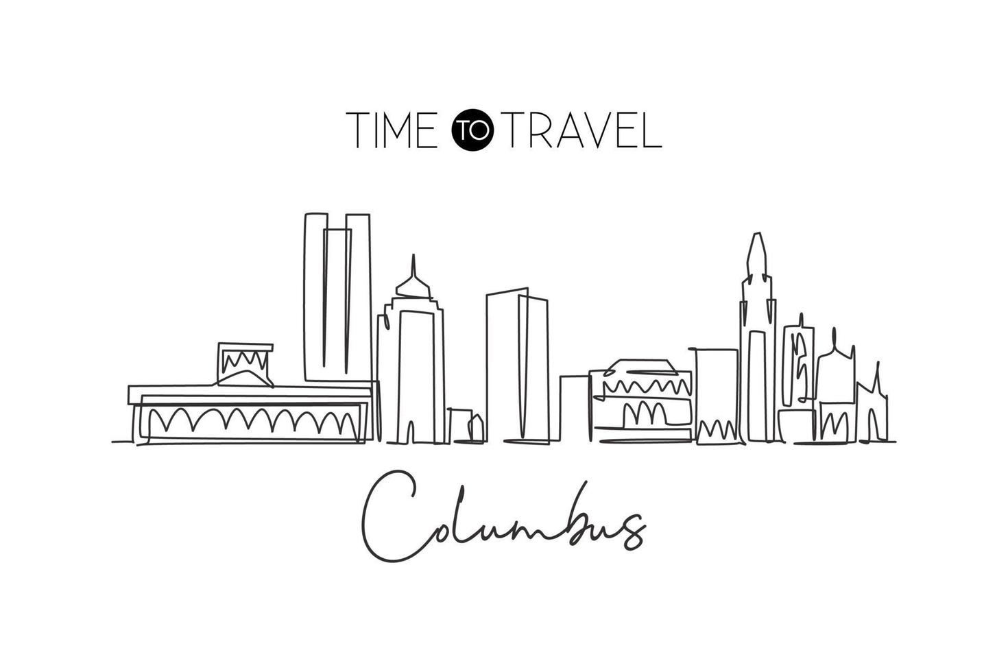 Single continuous line drawing of Columbus city skyline, USA. Famous city scraper and landscape. World travel concept home wall decor poster art print. Modern one line draw design vector illustration