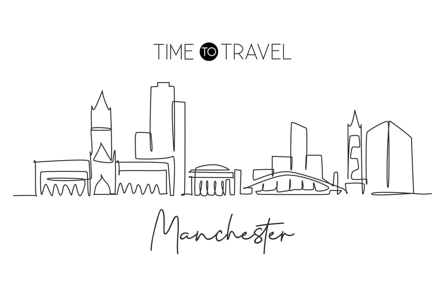 un dibujo de una sola línea del horizonte de la ciudad de manchester. paisaje de rascacielos de la ciudad en el mundo. mejor destino vacaciones pared decoración cartel arte vacaciones concepto. ilustración de vector de diseño de dibujo de línea continua