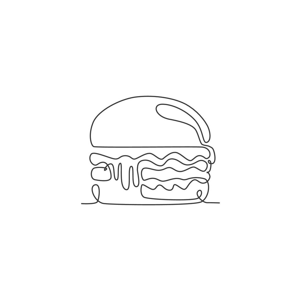 One continuous line drawing of fresh delicious American burger restaurant logo emblem. Fast food beef burger cafe shop logotype template concept. Modern single line draw design vector illustration