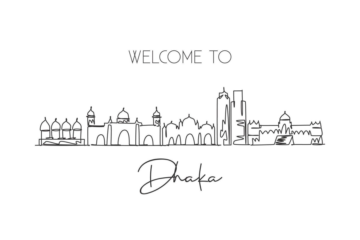 One continuous line drawing Dhaka city skyline Bangladesh. Beautiful landmark postcard. World landscape tourism and travel vacation. Editable stylish stroke single line draw design vector illustration