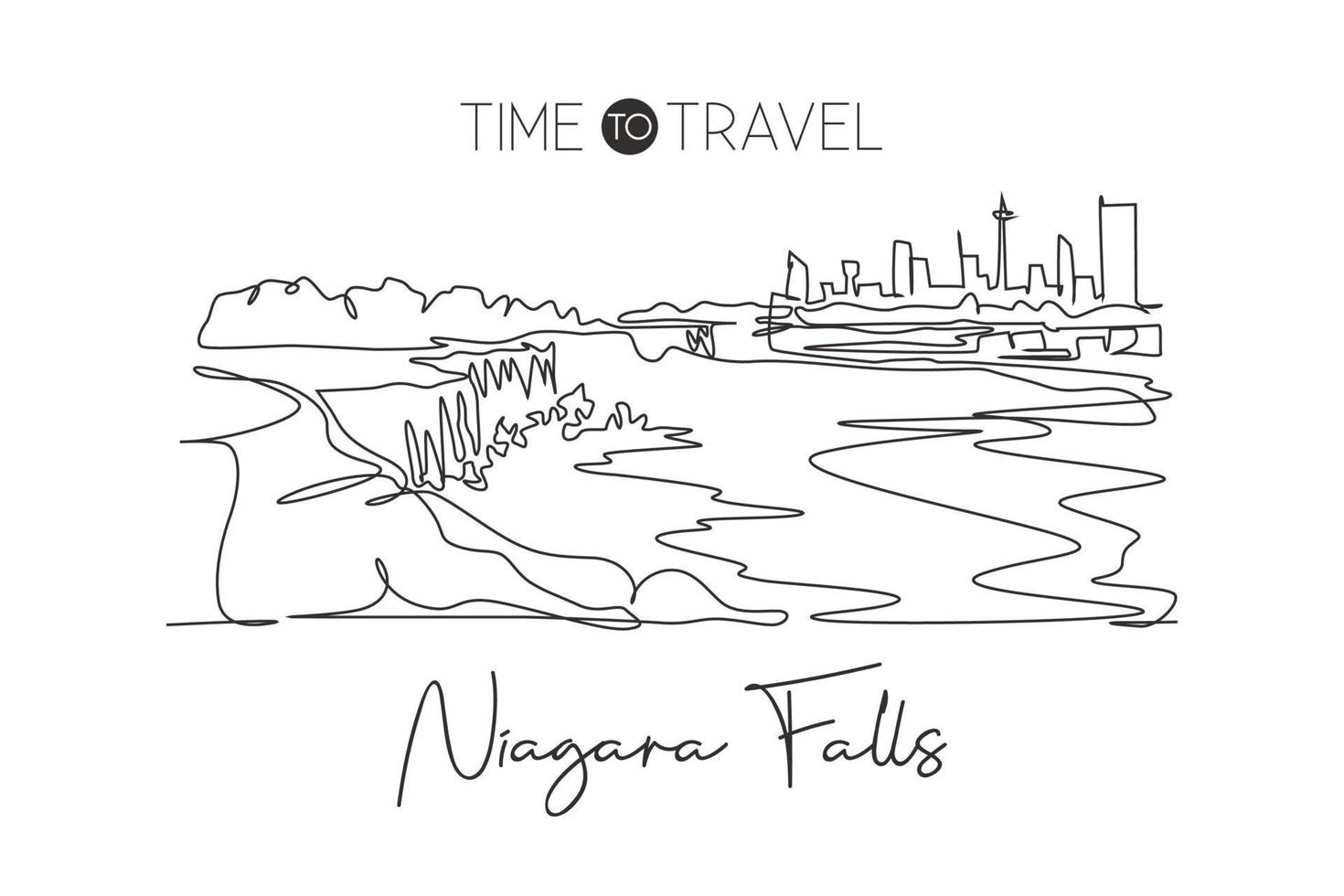 dibujo de una sola línea continua del horizonte de las cataratas del niágara, canadá. impresión del dibujo de una sola línea continua del horizonte de las cataratas del niágara, canadá. impresión del