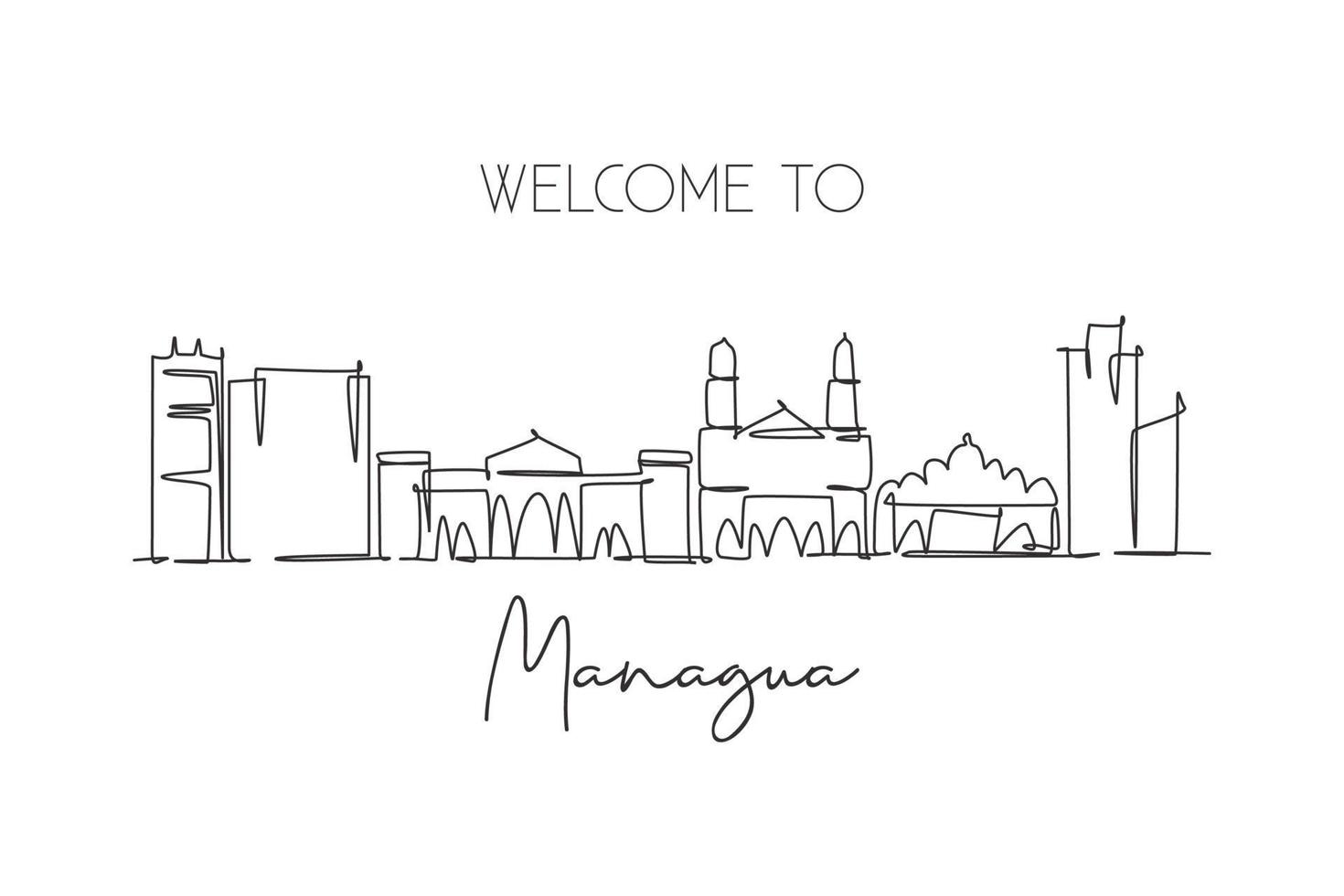 Single continuous line drawing of Managua skyline, Nicaragua. Famous city scraper landscape. World travel destination postcard concept. Editable stroke modern one line draw design vector illustration