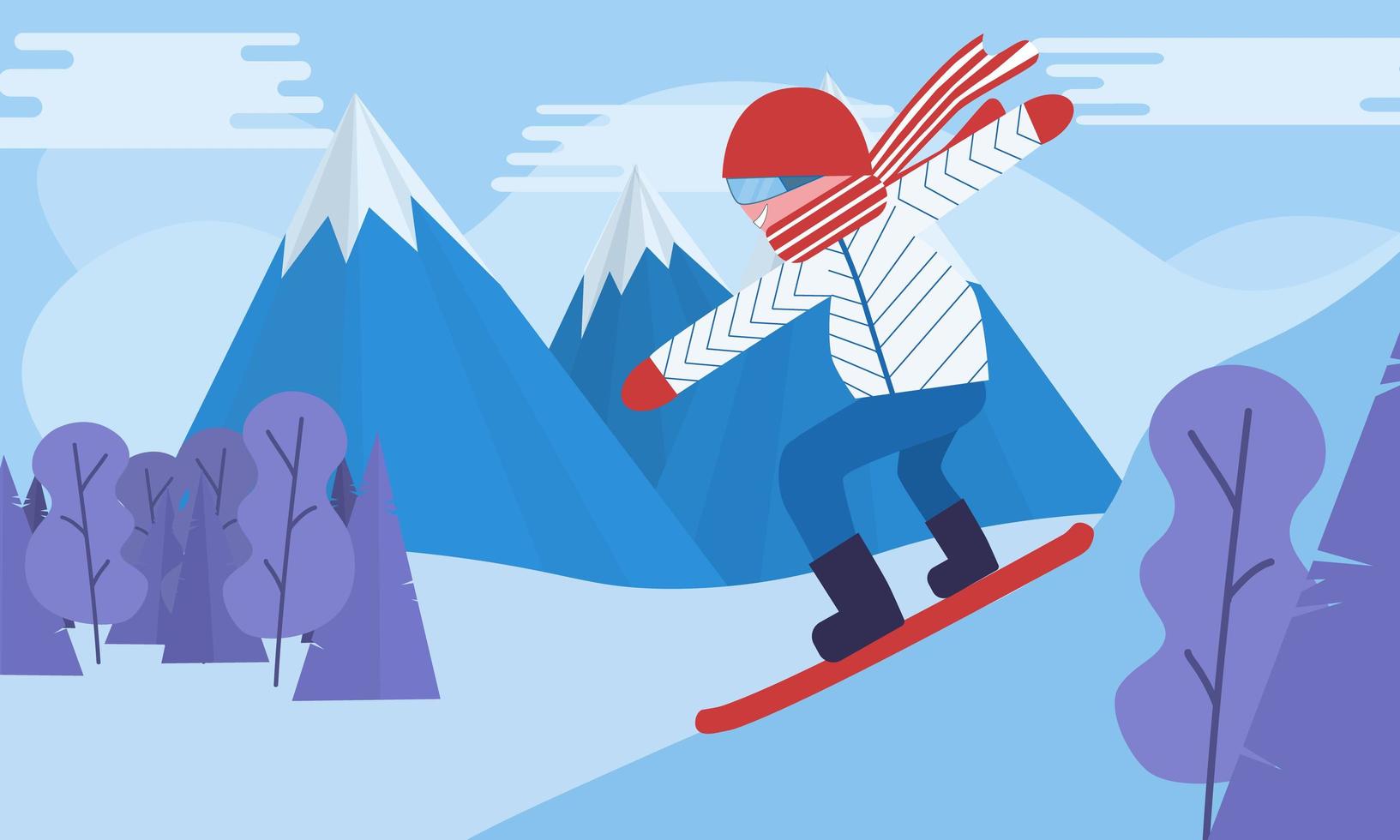 Snowboarding. paisaje nevado, actividades invernales, deportes extremos. vacaciones en la montaña nevada. ilustración plana vector