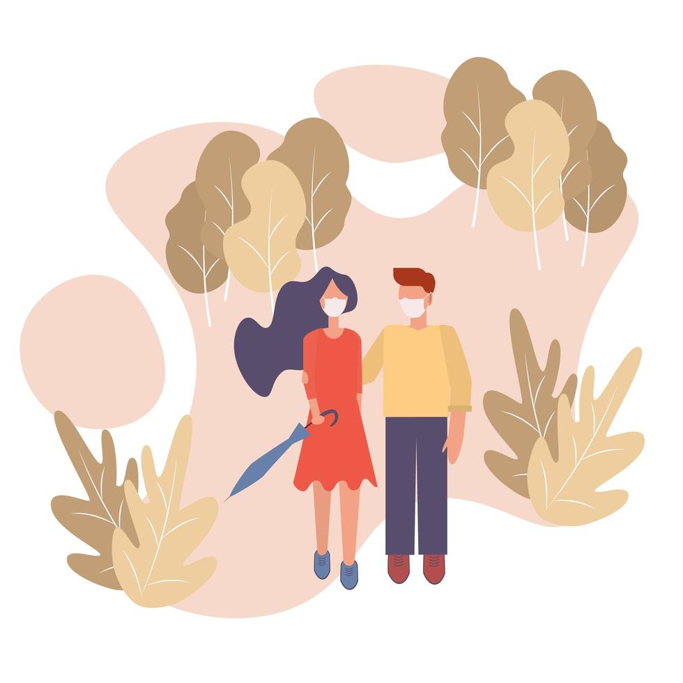 Cute couple walking in the autumn park in mask. Virus protection concept, protect kid, stop the Coronavirus, health care. Covid-19 or influenza flat illustration vector