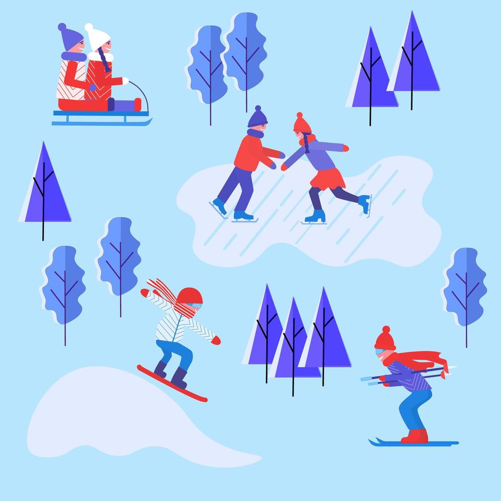 actividades al aire libre de invierno. gente divirtiéndose y haciendo actividades de esquí, patinaje, snowboard y trineos en el parque de invierno. Navidad. clima frío. ilustración plana de humor de invierno. vector