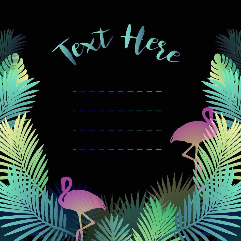 invitation card with pink flamingo and green palm leaves on black background vector