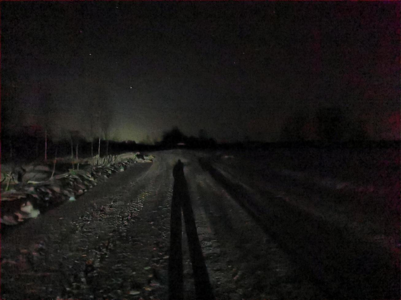 snowy road on a moonlit winter night in the village photo