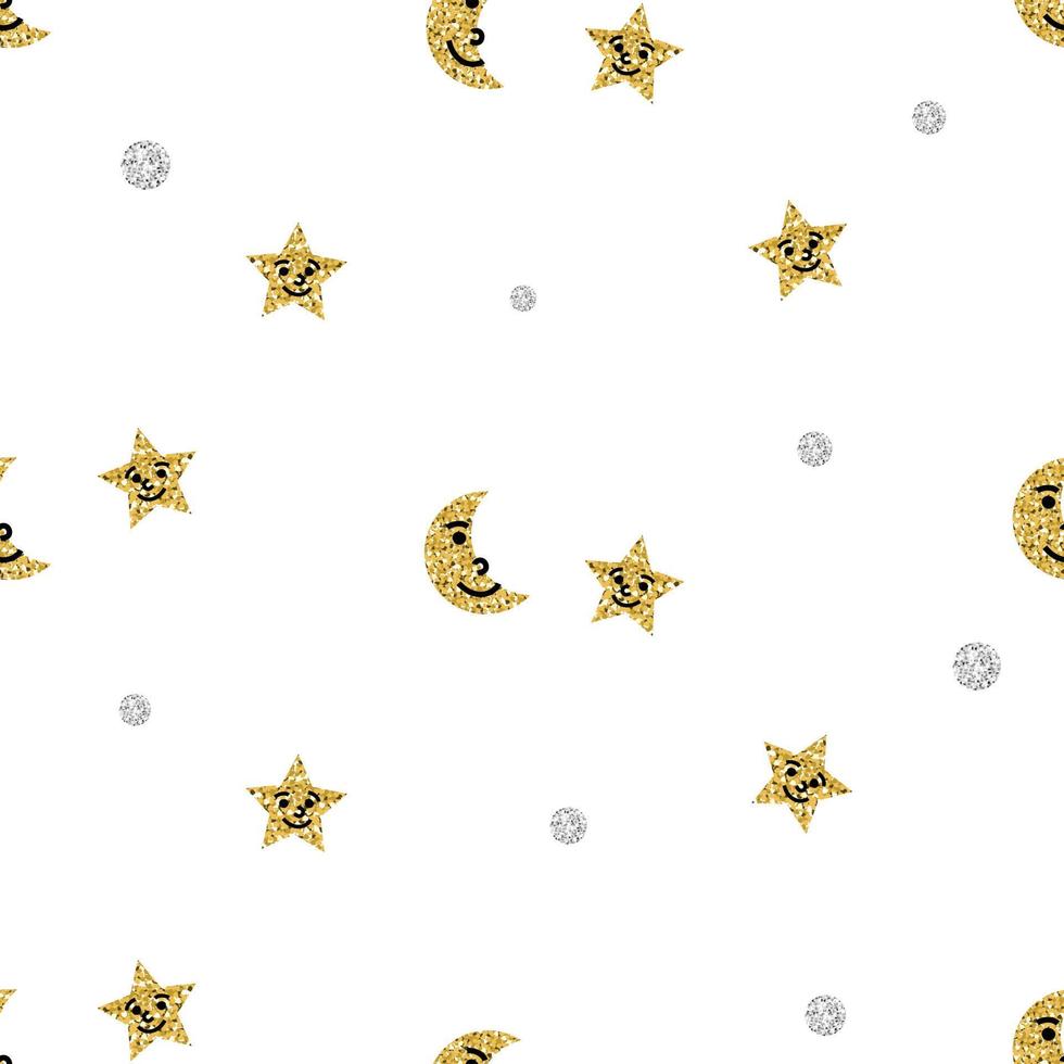 seamless golden glitter  moon and star with smile face pattern background , wink vector pattern ,kids pattern