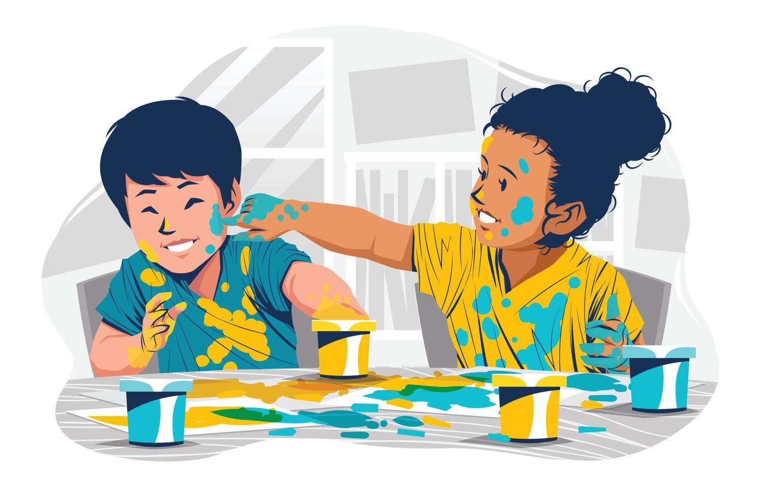 Children Having Fun Painting with Finger Paint in Kids Playdate vector